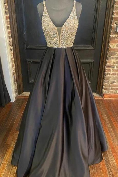 Floor-length Ball Gown V-neck Satin Beading Prom Dresses