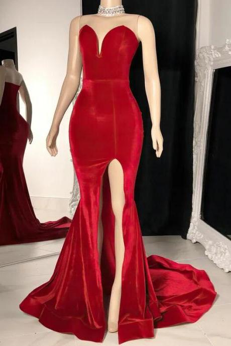 Wine Red V-neck Velvet Prom Dresses With Split Front