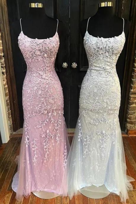 Sheath Scoop Neck Lace Tulle Appliques Lace Prom Dresses