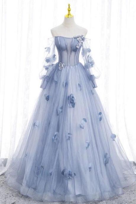 Princess Off The Shoulder Blue Tulle Prom Dress With Flowers