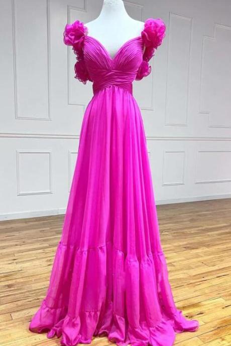 Hot Pink Ruffles Lace-Up Back A-Line Prom Dress