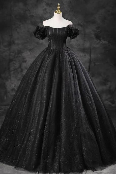 A-line Ball Gown Off Shoulder Tulle Black Long Prom Dress