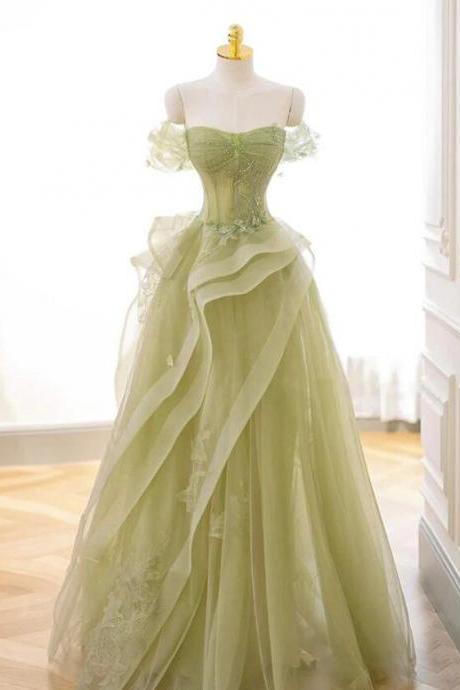 Off Shoulder Tulle Lace Green Long Prom Dress