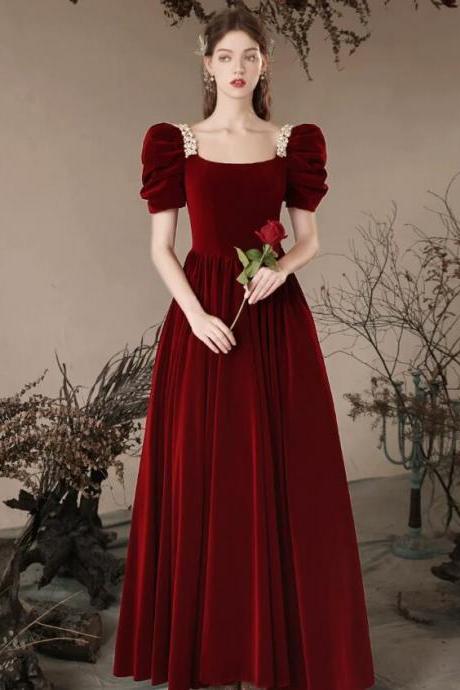 A- Line Velvet Burgundy Long Prom Dresses