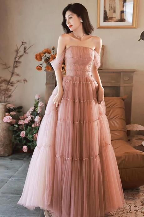 A-line Off Shoulder Pink Long Prom Dresses