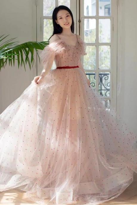 Off Shoulder Tulle Light Pink Long Prom Dresses