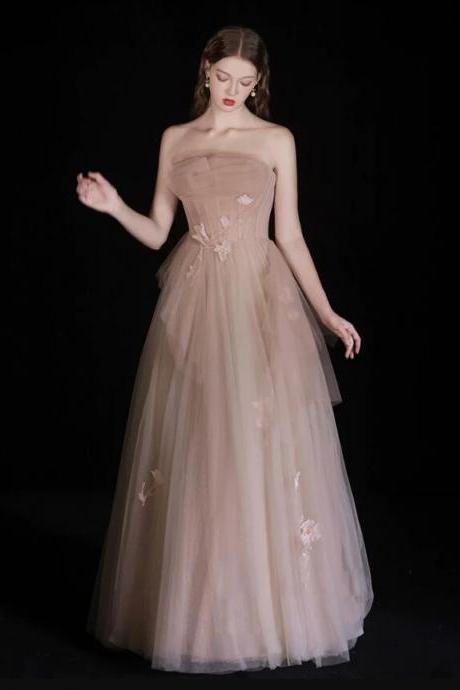 A-line Champagne Tulle Long Prom Dress