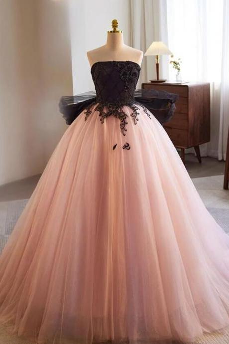 A-line Pink Tulle Lace Long Prom Dress