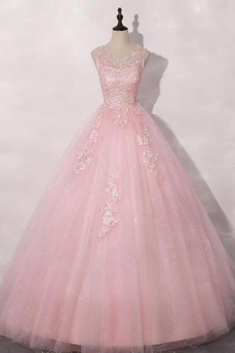 A-line Round Neck Tulle Lace Pink Prom Dress