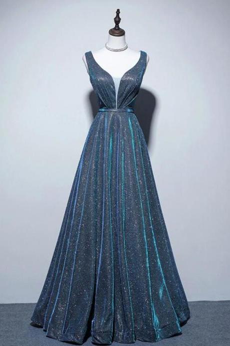 Simple V Neck Blue Long Prom Dresses