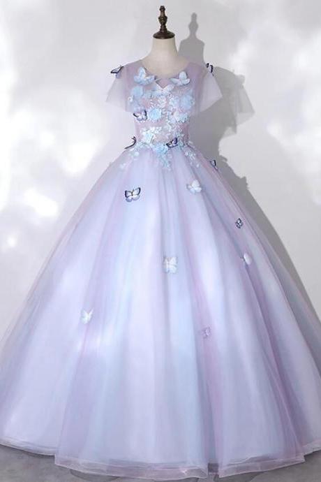 A-line Round Neck Tulle Purple Prom Dress