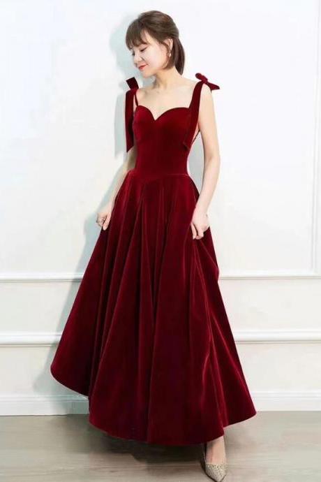 A-line Velvet Burgundy Long Prom Dresses