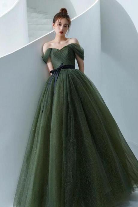 Off Shoulder Green Long Tulle Prom Dresses