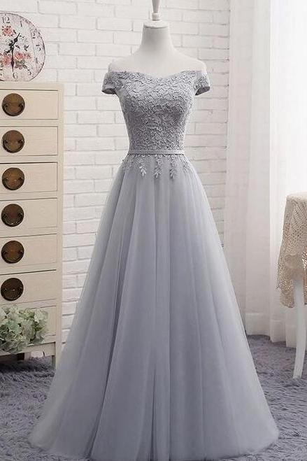 Simple Grey Tulle Prom Dresses