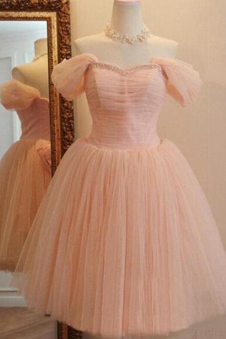 Off Shoulder Pink Tulle Short Prom Dresses With Bow