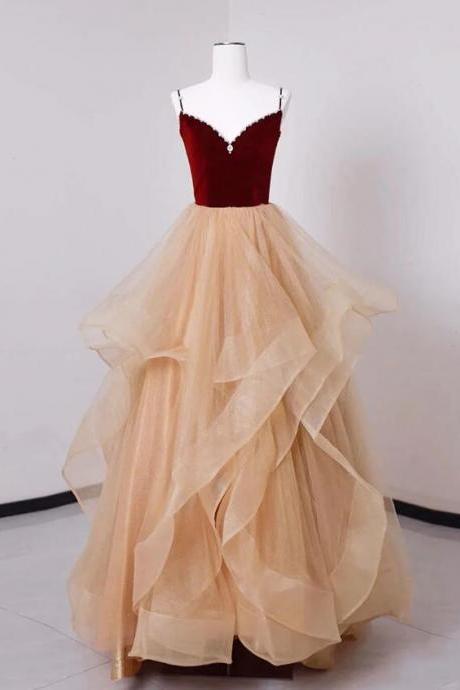 A-line Tulle Champagne/burgundy Long Prom Dresses