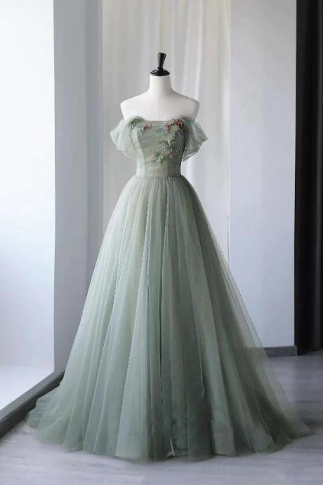 A-line Tulle Green Long Prom Dresses