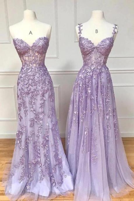 Floor Length Purple Lace Long Prom Dresses