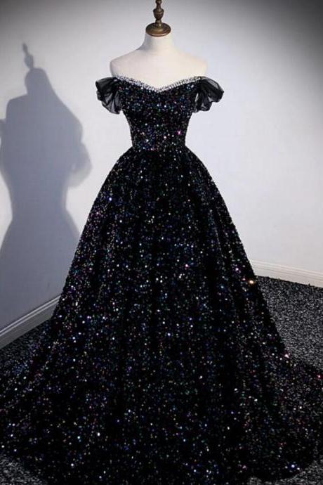 A-line Sequin Off Shoulder Black Evening Dresses