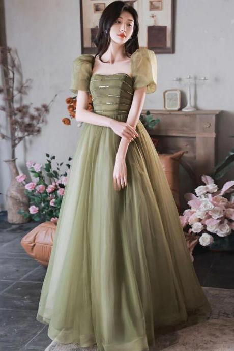 A-line Green Sequin Tulle Long Prom Dresses