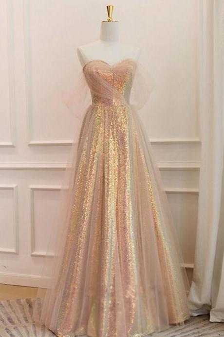 Sweetheart Neck Gold Sequin Long Prom Dresses