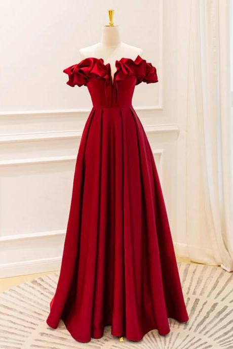 A-line Off Shoulder Burgundy Satin Prom Dress