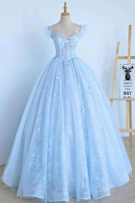 A-line Blue Tulle Lace Long Formal Prom Dress