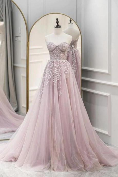 Charming Sweetheart Neck Tulle Lace Pink Long Prom Dresses