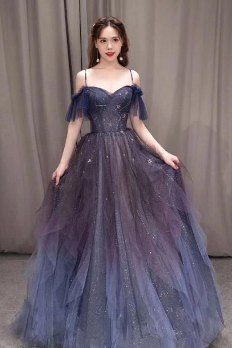 A Line Purple Sweetheart Neck Tulle Sequin Long Prom Dress