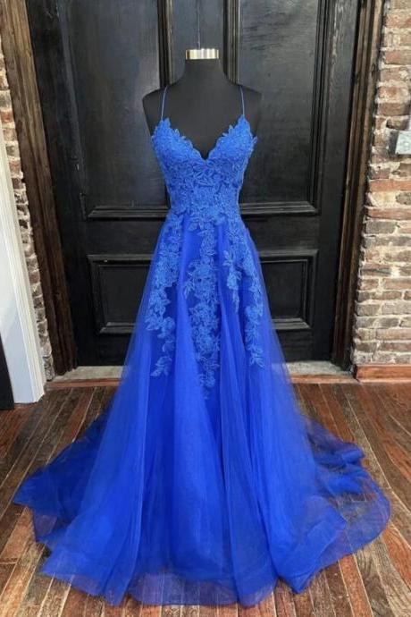 A Line Blue V Neck Tulle Lace Long Prom Dresses
