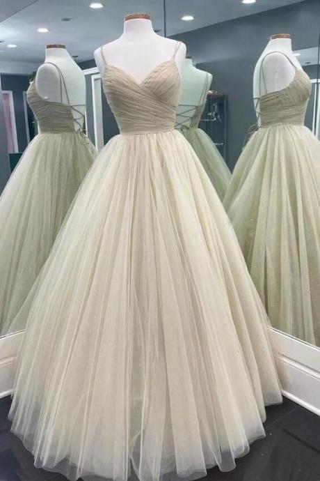 Simple A Line V Neck Champagne Tulle Long Prom Dresses