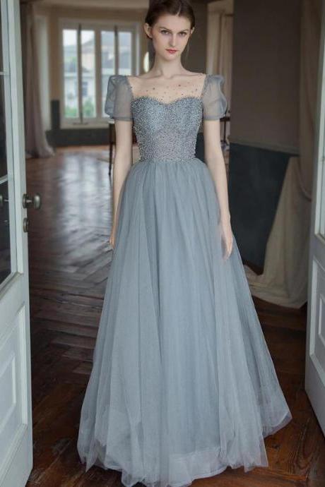 A Line Gray Tulle Beads Long Prom Dresses, Sweet 16 Dresses