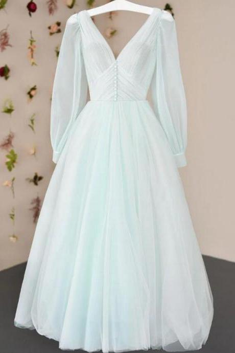 Cute V Neck Tulle Tea Length Prom Dresses