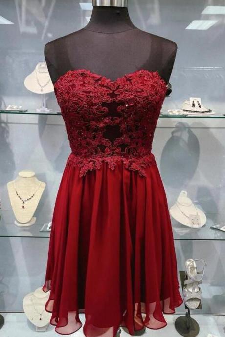 Sexy Burgundy Sweetheart Chiffon Lace Short Prom Dresses