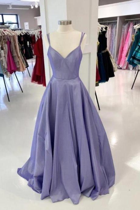 A Line Purple V Neck Satin Long Prom Dresses