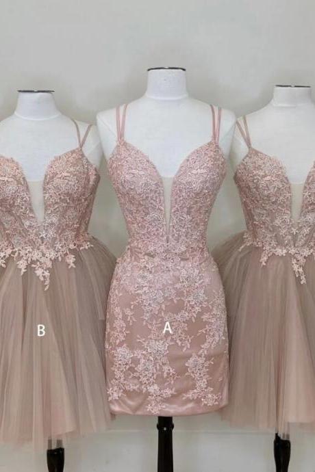 Cute A Line Tulle Pink Lace Short Prom Dresses