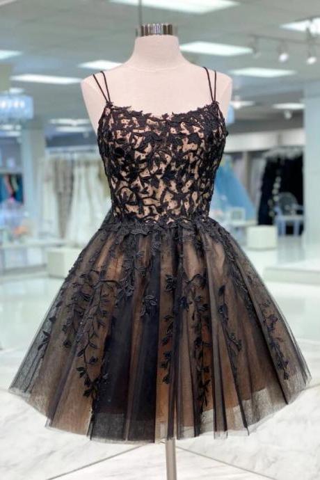 Straps Black Tulle Lace Short Homecoming Dresses