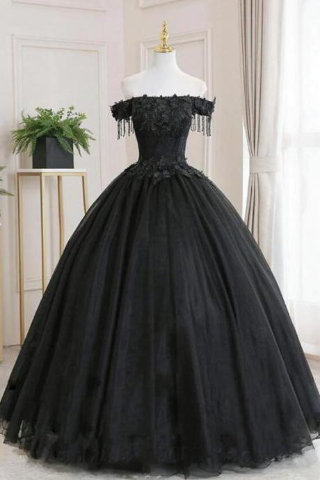 Off Shoulder Black Tulle Lace Long Prom Dresses