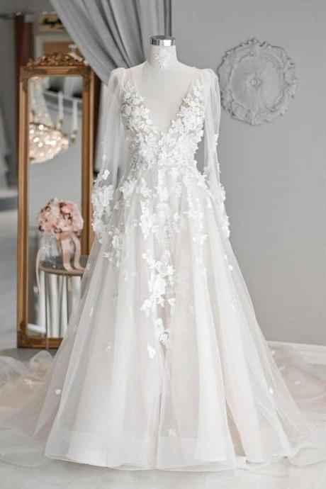Mermaid Ivory V Neck Tulle Lace Long Wedding Dresses