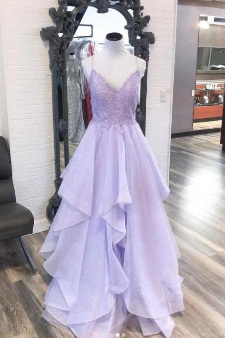 A Line Purple V Neck Tulle Lace Prom Dress