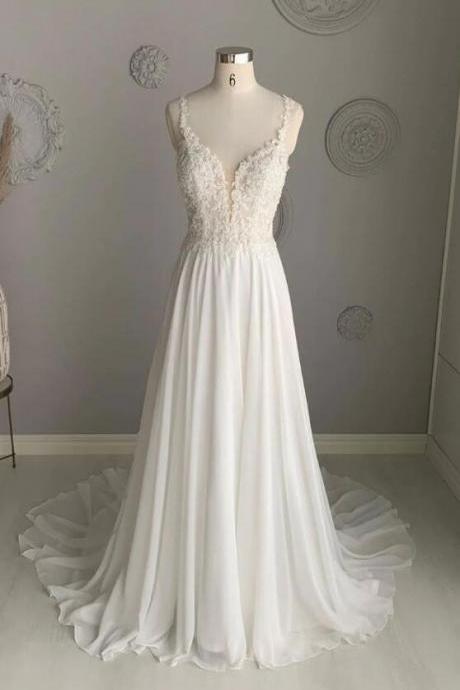 Mermaid Ivory V Neck Chiffon Lace Long Wedding Dresses