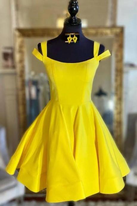 Simple Yellow Satin Short Prom Dresses