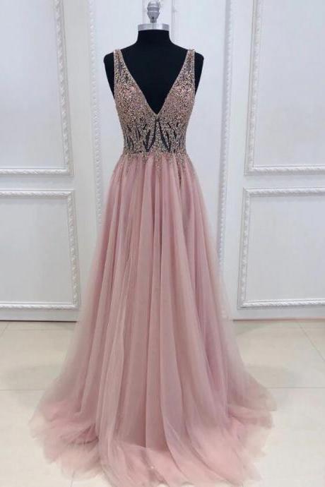 Simple Pink V Neck Tulle Beads Long Prom Dress