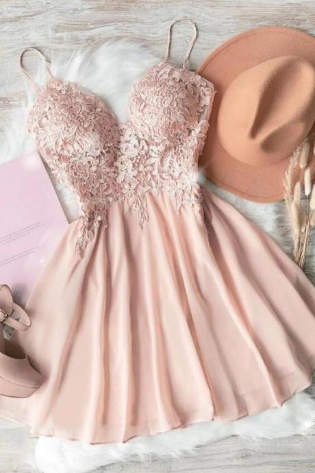 Cute Pink Sweetheart Neck Chiffon Lace Homecoming Dress