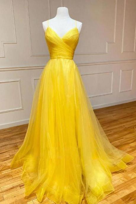 Charming Yellow Sweetheart Tulle Long Prom Dresses