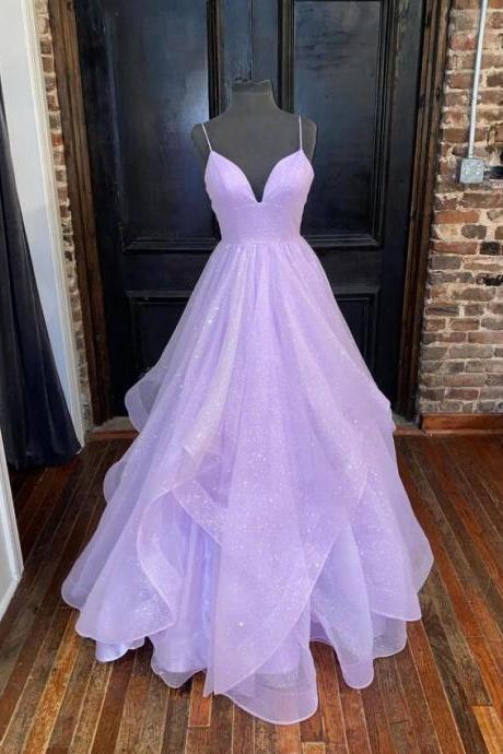 Simple Purple Tulle Sequin Long Prom Dresses