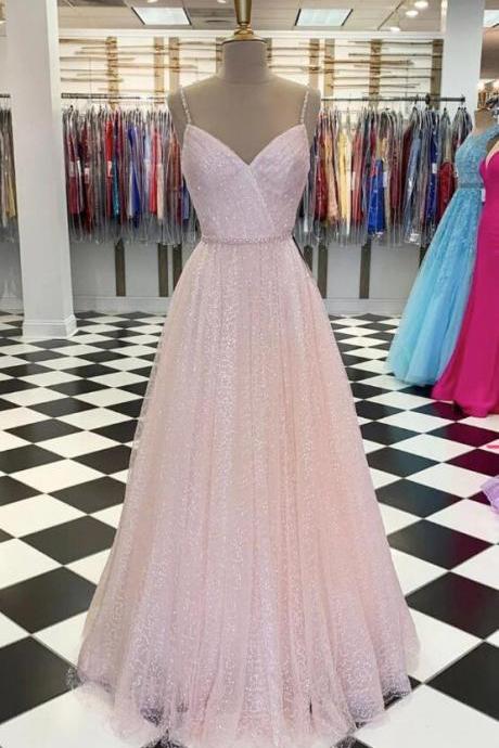 A Line Pink V Neck Tulle Sequin Long Prom Dresses