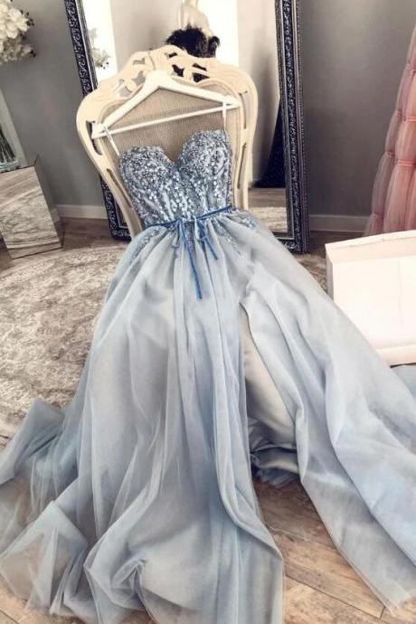 A Line Blue Sweetheart Tulle Long Prom Dresses