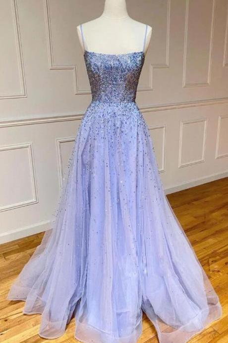 A Line Tulle Sequin Long Prom Dress