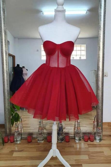Sweetheart Tulle Short Prom Dress Red Homecoming Dress
